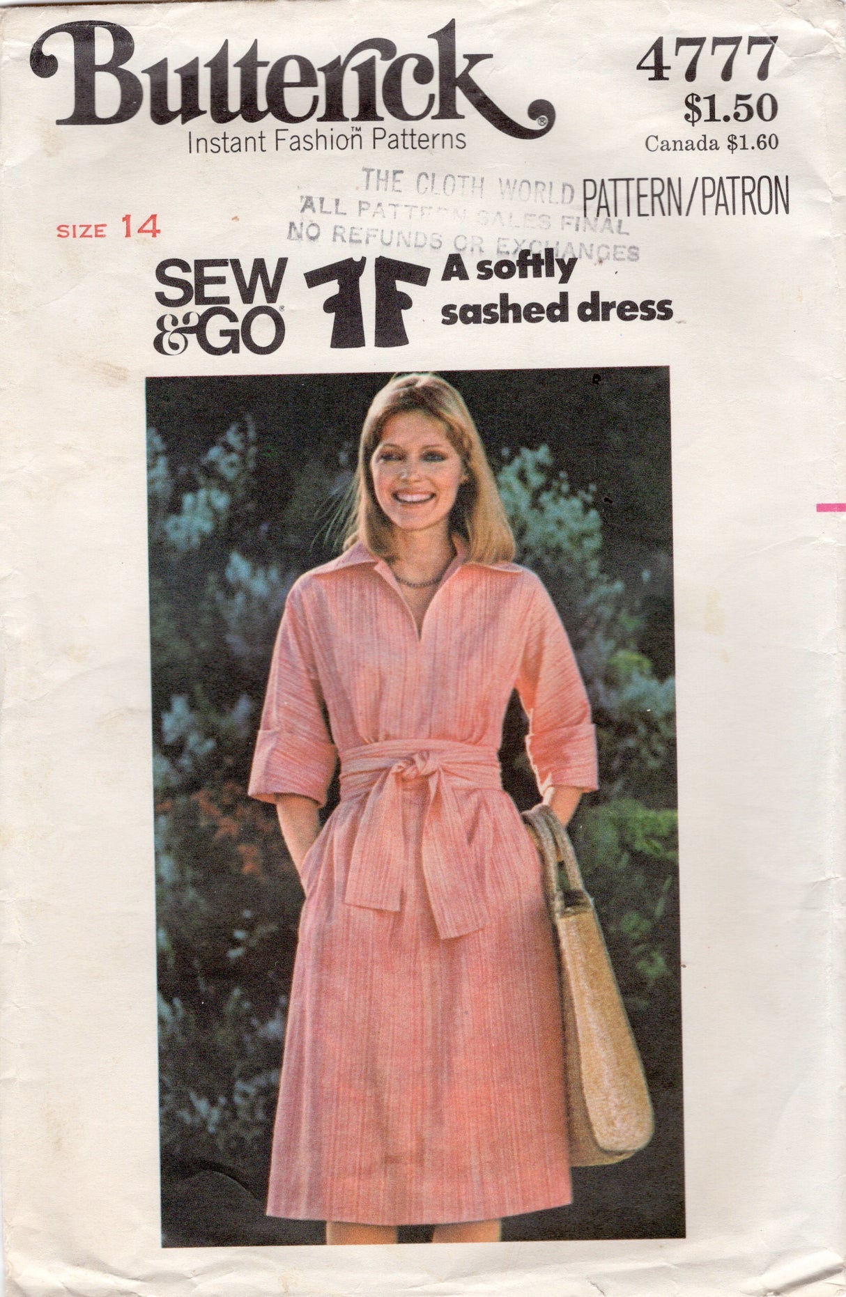 1970’s Butterick Softly Sashed Dress Pattern- Bust  36” - No. 4777