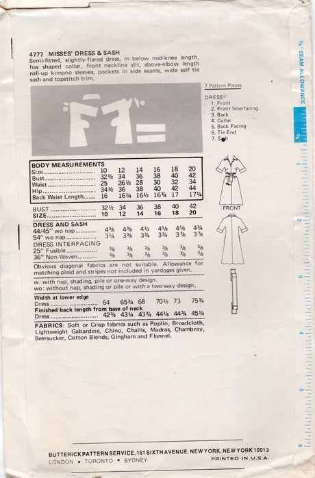 1970’s Butterick Softly Sashed Dress Pattern- Bust  36” - No. 4777