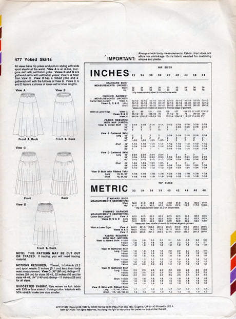 1980's Stretch & Sew Yoked Skirts pattern - Waist 22-38" - No. 477