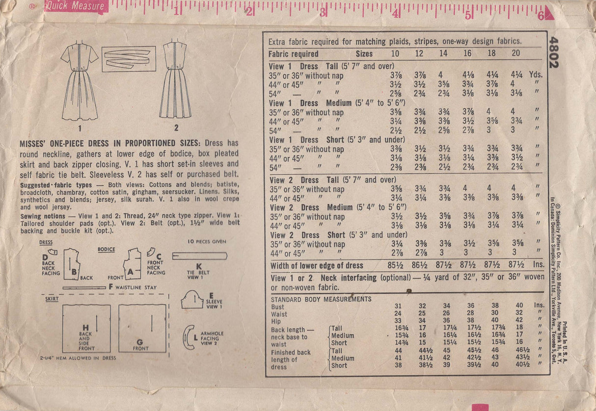 1960's Simplicity Fit and Flare Dress Pattern with Pleated Skirt - Bust 36" - No. 4802