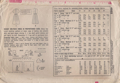 1960's Simplicity Fit and Flare Dress Pattern with Pleated Skirt - Bust 36" - No. 4802