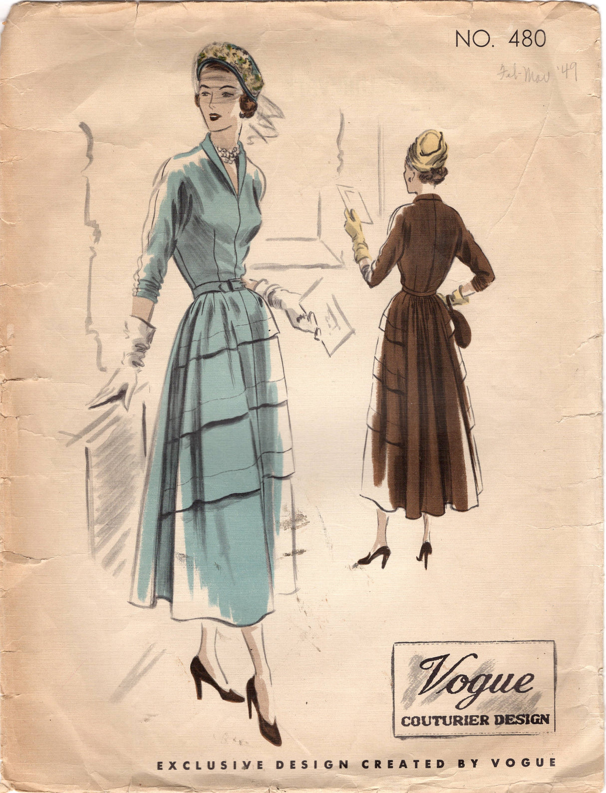 1940's Vogue Couturier One Piece Dress with Pleated Front Skirt and Draped Back Skirt, Bodice with Dolman Sleeves and Rolled Collar - Bust 32" - No. 480