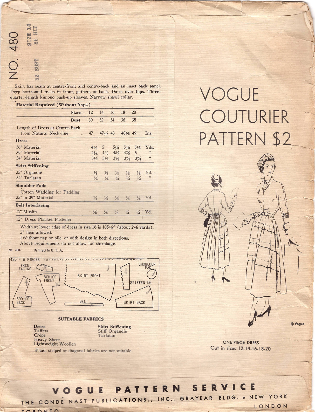 1940's Vogue Couturier One Piece Dress with Pleated Front Skirt and Draped Back Skirt, Bodice with Dolman Sleeves and Rolled Collar - Bust 32" - No. 480