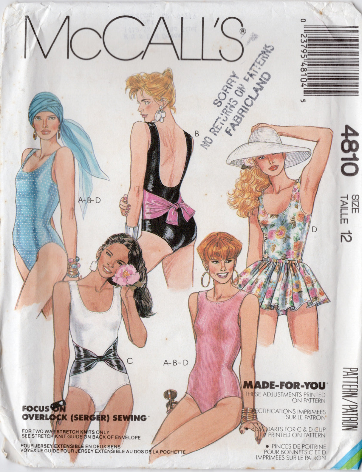 1990's McCall's Low Back Swimsuit and Swim Skirt Pattern - Bust 34" - No. 4810