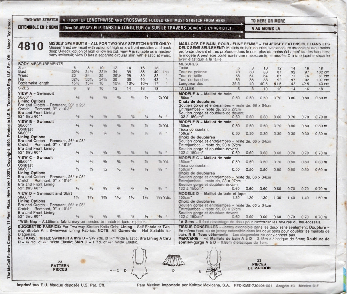 1990's McCall's Low Back Swimsuit and Swim Skirt Pattern - Bust 34" - No. 4810
