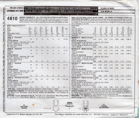 1990's McCall's Low Back Swimsuit and Swim Skirt Pattern - Bust 34" - No. 4810
