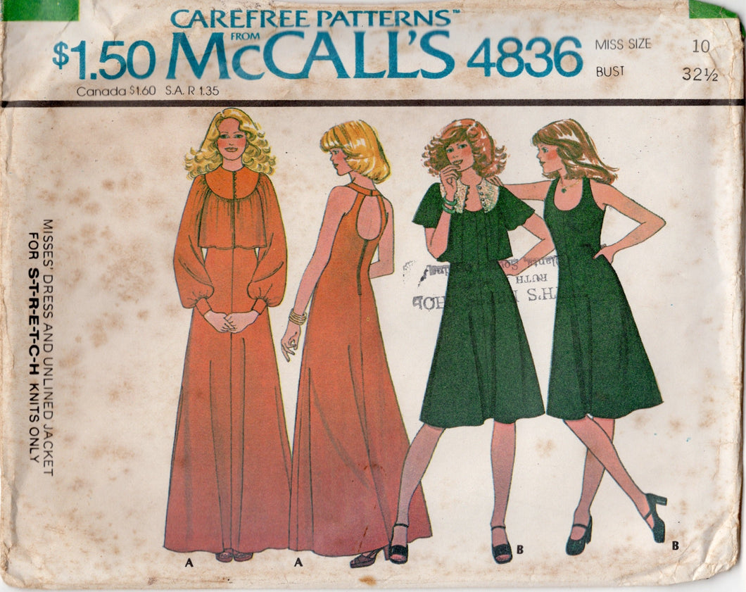 1970's McCall's Thin Strap Midi or Maxi Dress with Keyhole Back and Yoked Jacket pattern - Bust 32.5