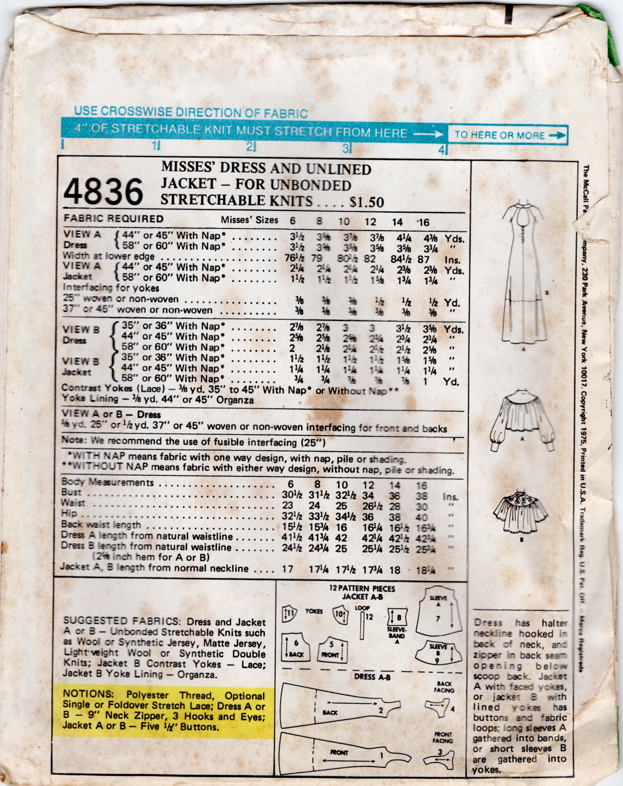 1970's McCall's Thin Strap Midi or Maxi Dress with Keyhole Back and Yoked Jacket pattern - Bust 32.5" - No. 4836