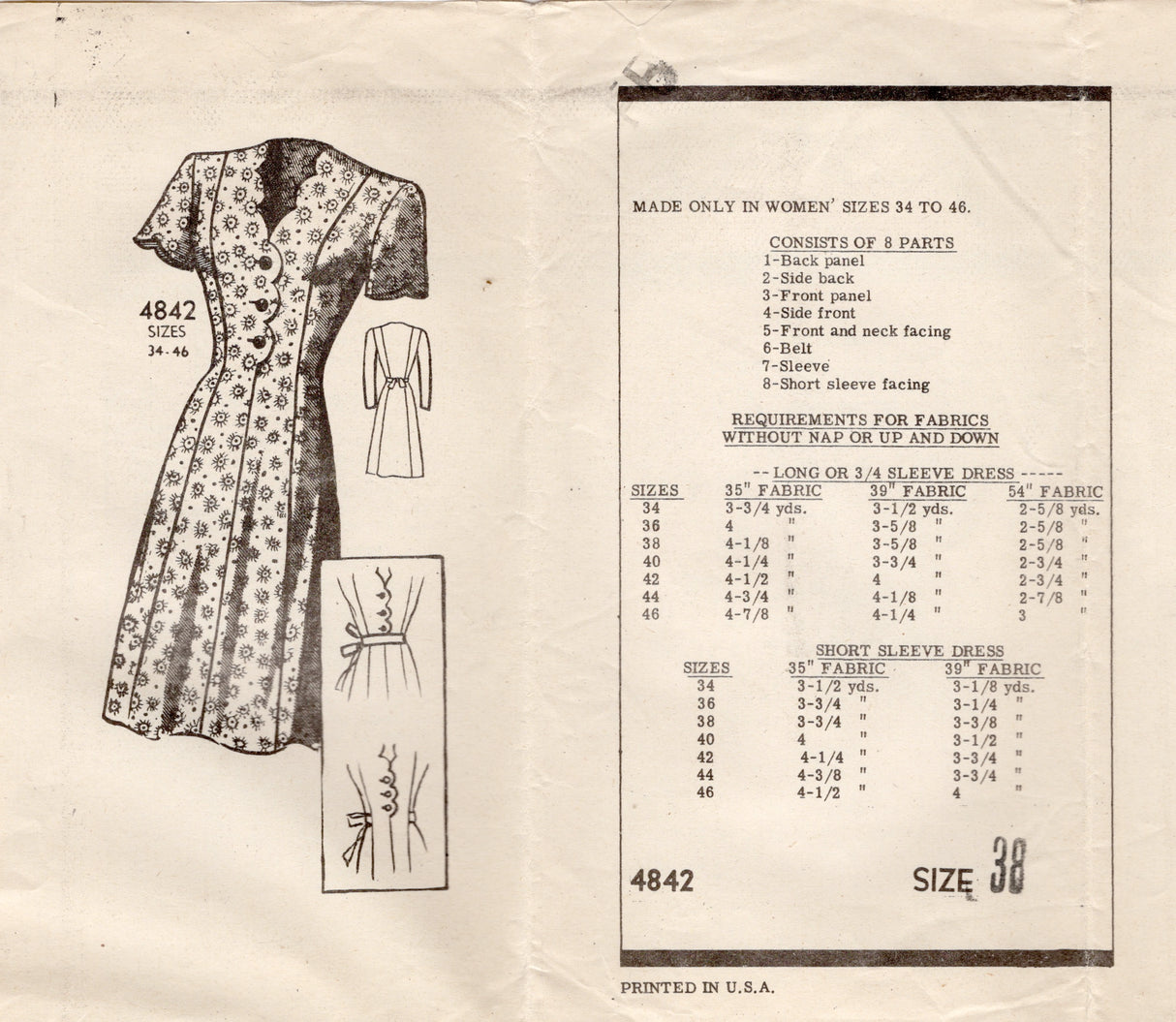 1940's Anne Adams Scallop Detail Princess Line Dress Pattern - Bust 38" - No. 4842