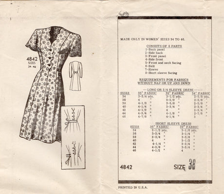 1940's Anne Adams Scallop Detail Princess Line Dress Pattern - Bust 38" - No. 4842