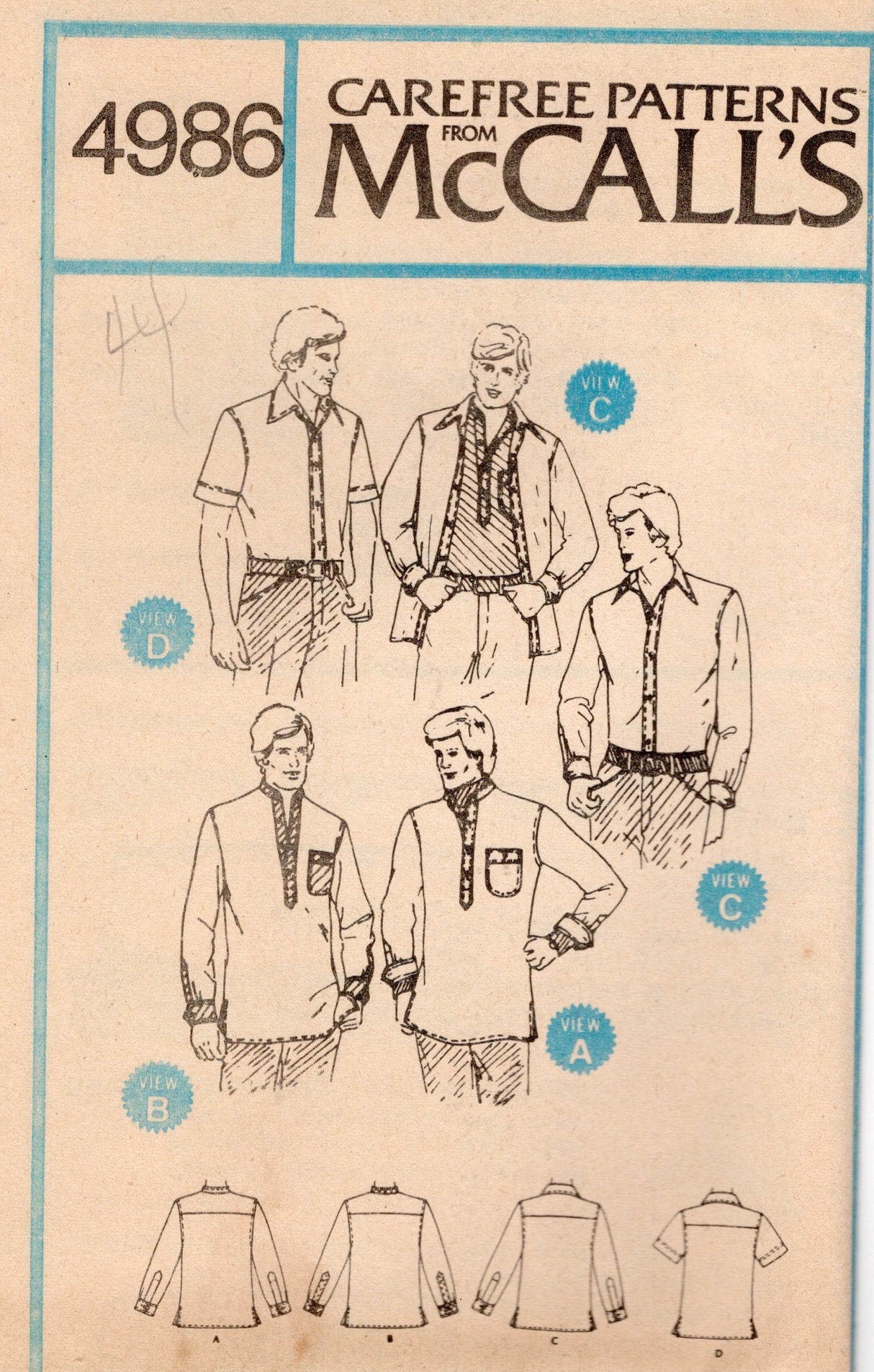 1970's McCall's Men's Shirt pattern in Two Styles  - Chest 44" - No. 4986