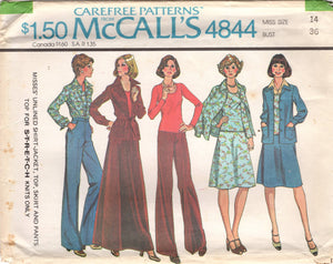 1970's McCall's Unlined Shirt-Jacket (Shacket), Pullover Blouse, A Line Skirt and Pants - Bust 36" - No. 4844