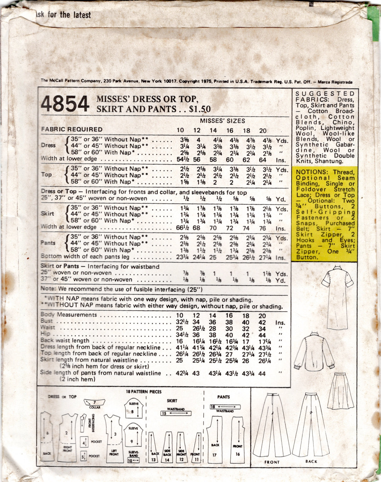 1970's McCall's Button up Shirt, A line Skirt and High Waisted Pants pattern - Bust 36" - No. 4854