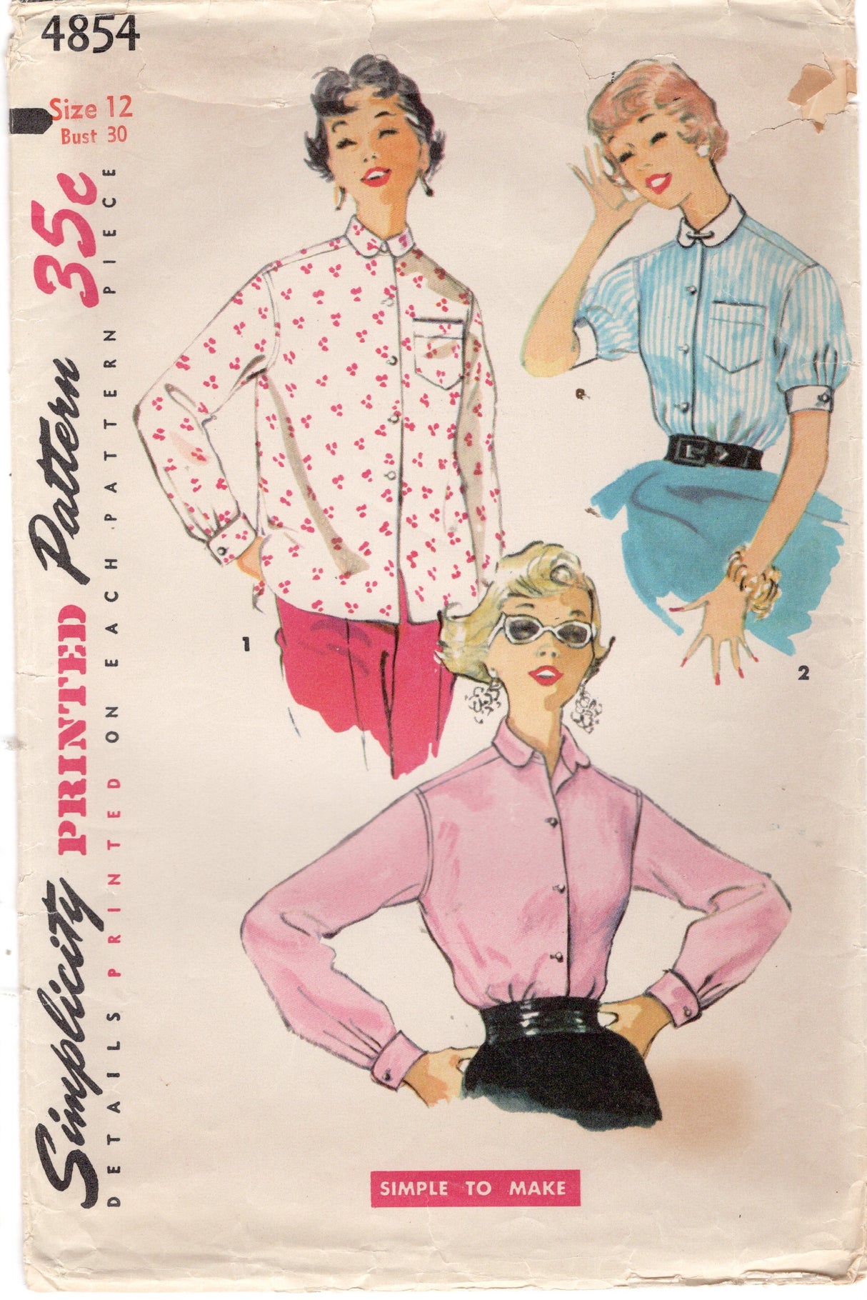 1950's Simplicity Button Up Blouse Pattern with Two Sleeve lengths - Bust 30" - No. 4854