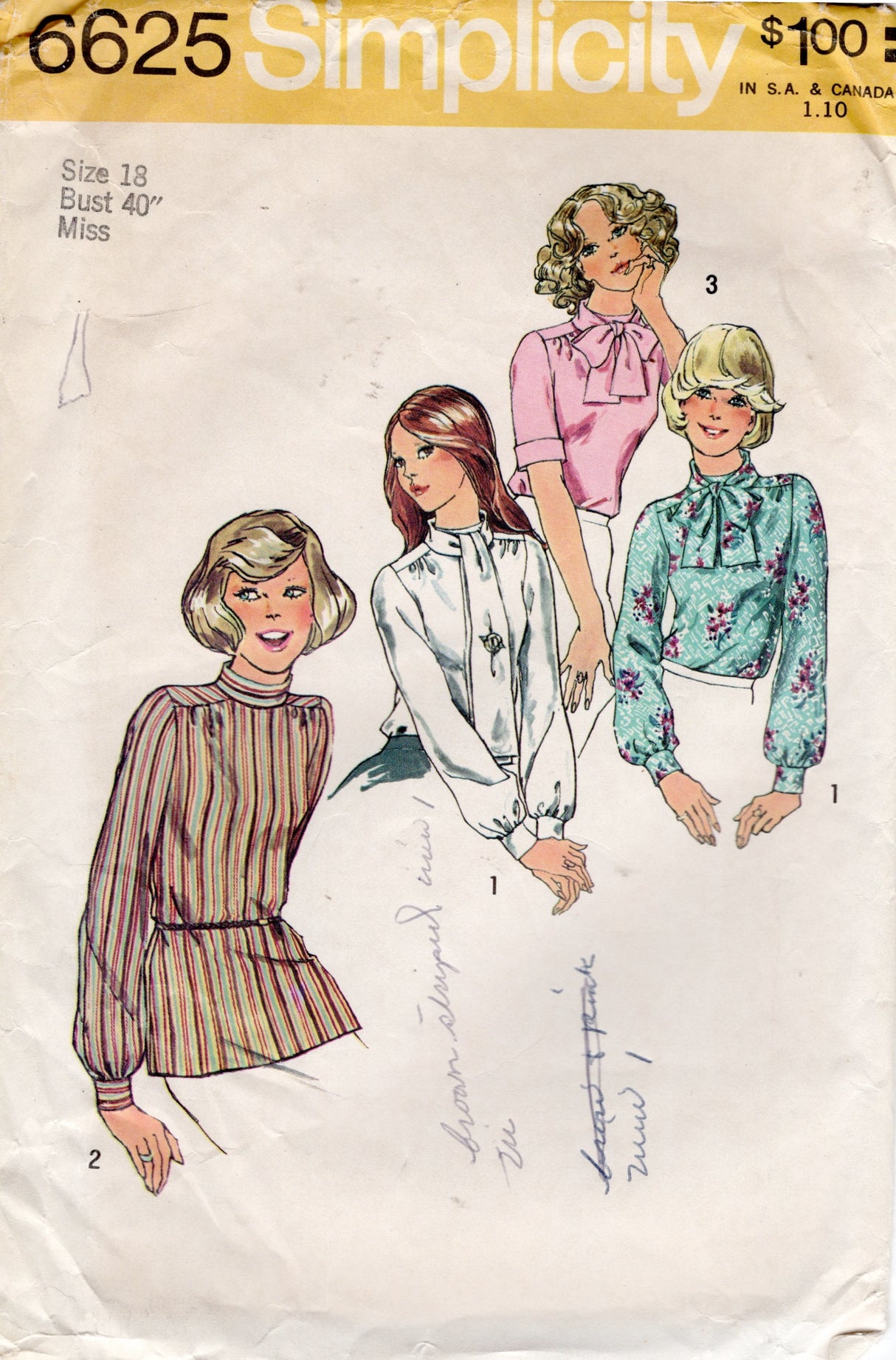 1970's Simplicity Blouse with Scarf Pattern - Bust 40" - No. 6625