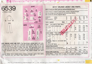 1970's Simplicity Child's Unlined Jacket and Pants Pattern - Chest 30" - No. 6539