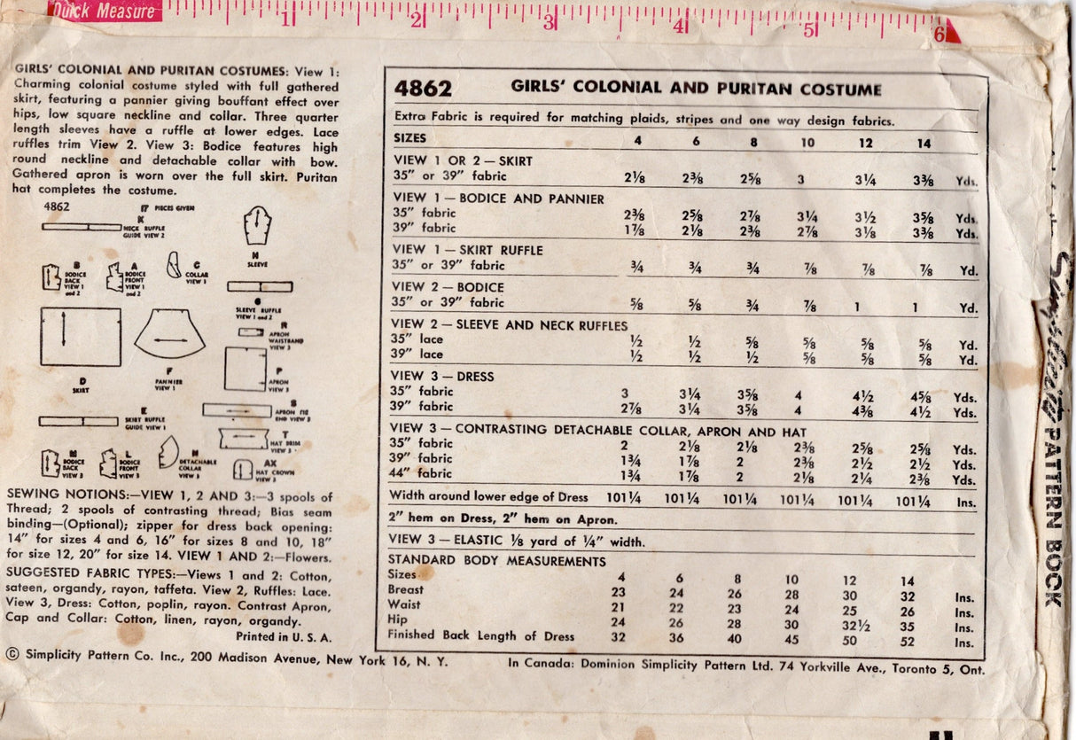 1950's Simplicity Colonial and Puritan Costume Dress Pattern - Bust 30" - No. 4862