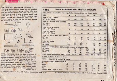 1950's Simplicity Colonial and Puritan Costume Dress Pattern - Bust 30" - No. 4862