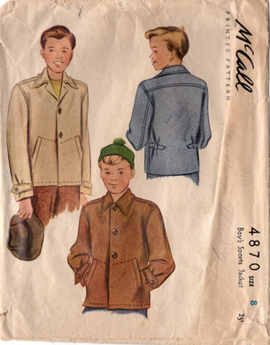 1940's McCall Child's Jacket Pattern with Pockets and Top Stitching detail - Size 8 - Chest 26