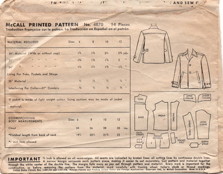 1940's McCall Child's Jacket Pattern with Pockets and Top Stitching detail - Size 8 - Chest 26" - No. 4870