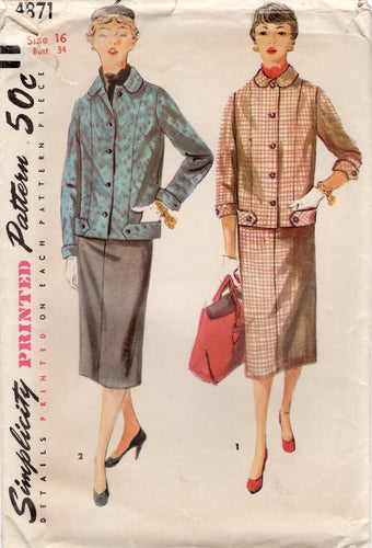 1950's Simplicity Two Piece Boxy Suit Dress with Peter Pan Collar and Straight Skirt - Bust 34