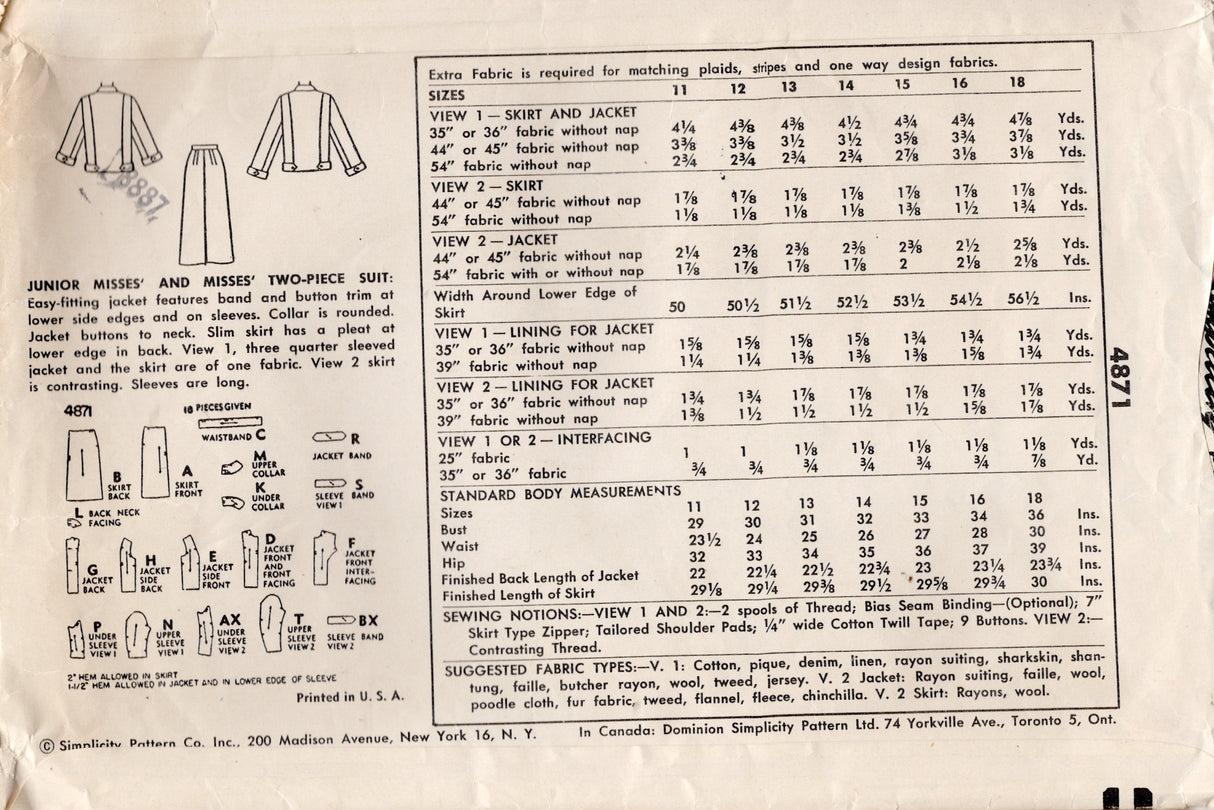 1950's Simplicity Two Piece Boxy Suit Dress with Peter Pan Collar and Straight Skirt - Bust 34" - No. 4871