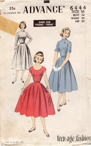 1950's Advance One Piece Dress Pattern with Scallop or High Neckline - Bust 34