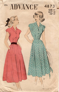 1940's Advance One Piece Shirtwaist Dress with large pockets - Bust 34" - No. 4873
