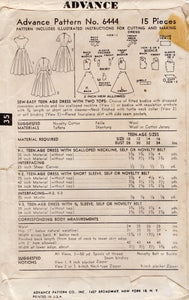 1950's Advance One Piece Dress Pattern with Scallop or High Neckline - Bust 34" - No. 6444