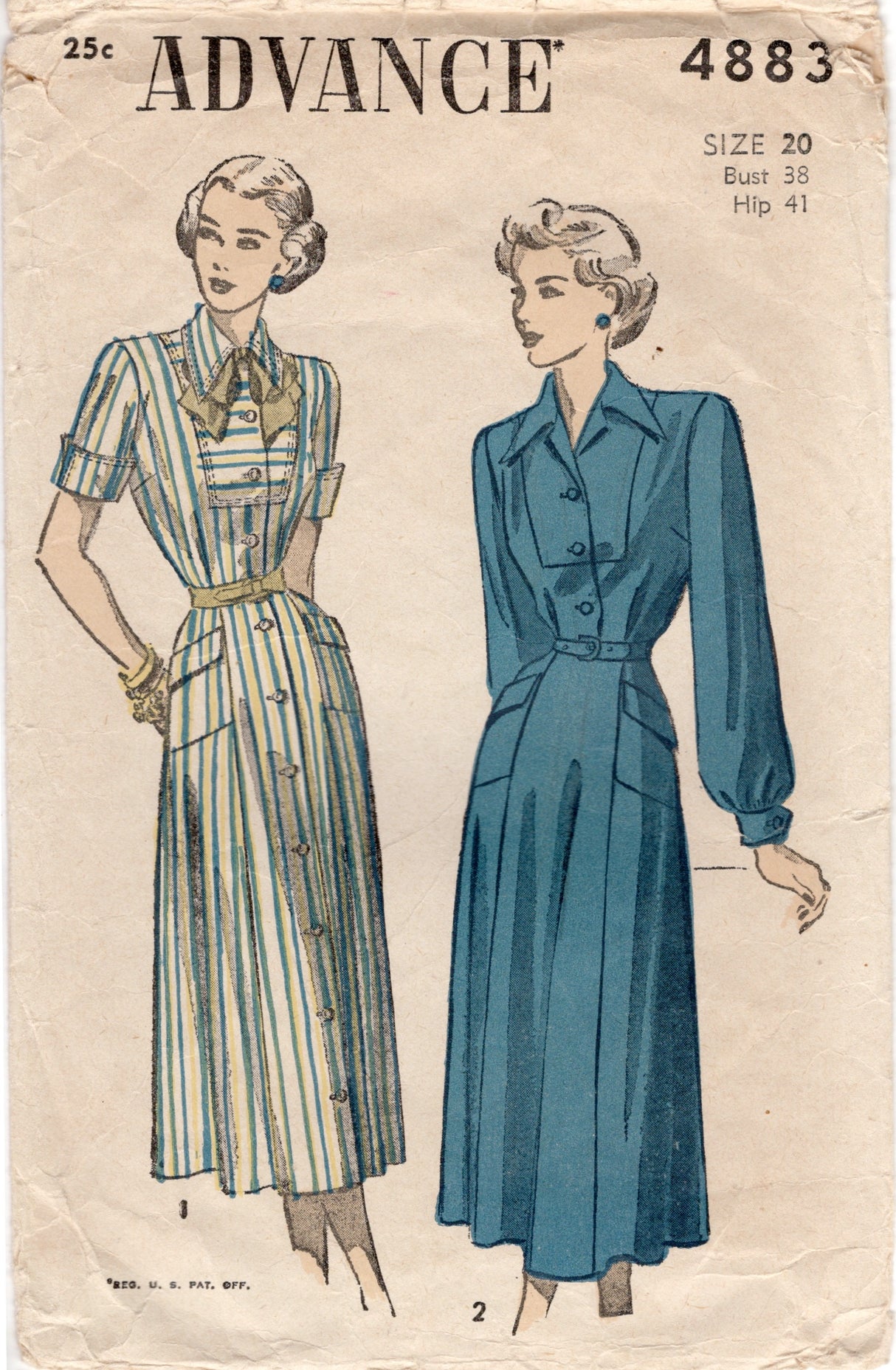 1940's Advance Button Up Dress Pattern with Large Yoke - Bust 38" - No. 4883