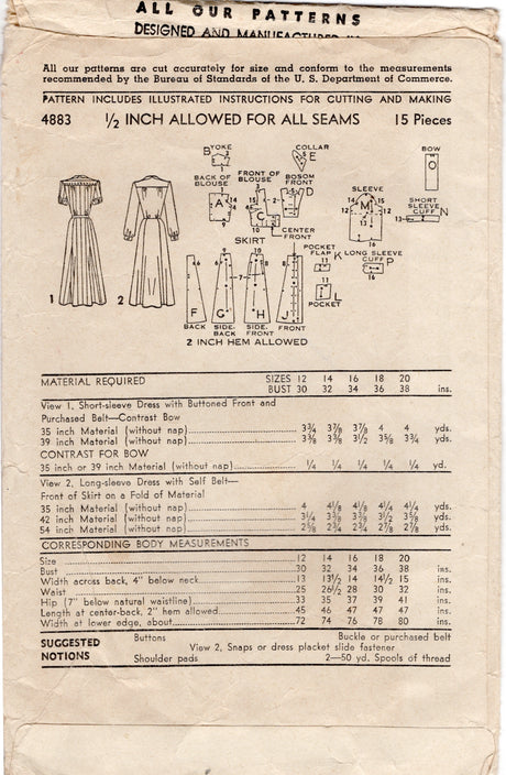 1940's Advance Button Up Dress Pattern with Large Yoke - Bust 38" - No. 4883