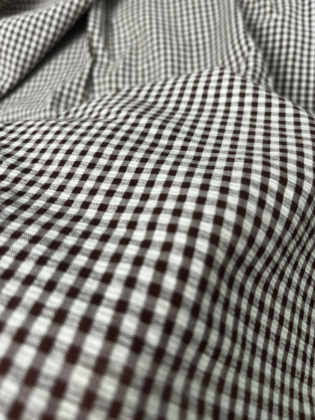 1970's Dark Brown and White Gingham Seersucker Fabric - (P249)