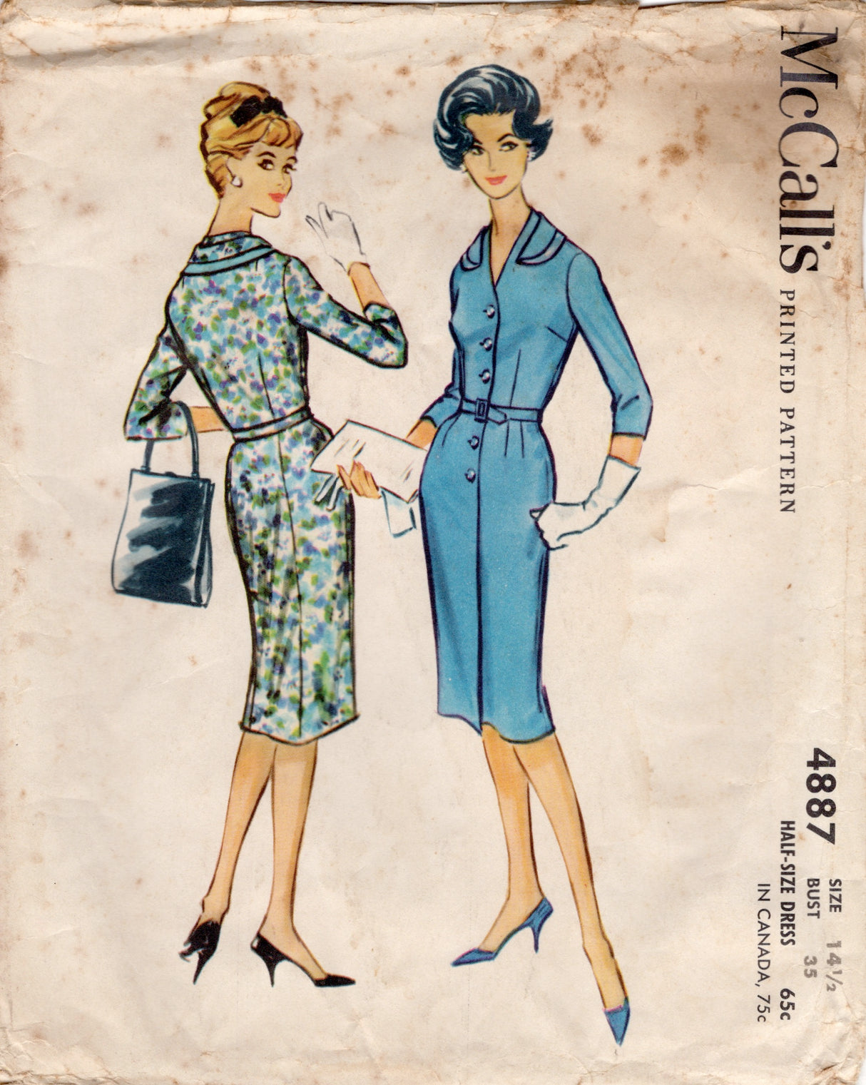 1950's McCall's Button Up Sheath Dress with Double Collar - Bust 35" - No. 4887