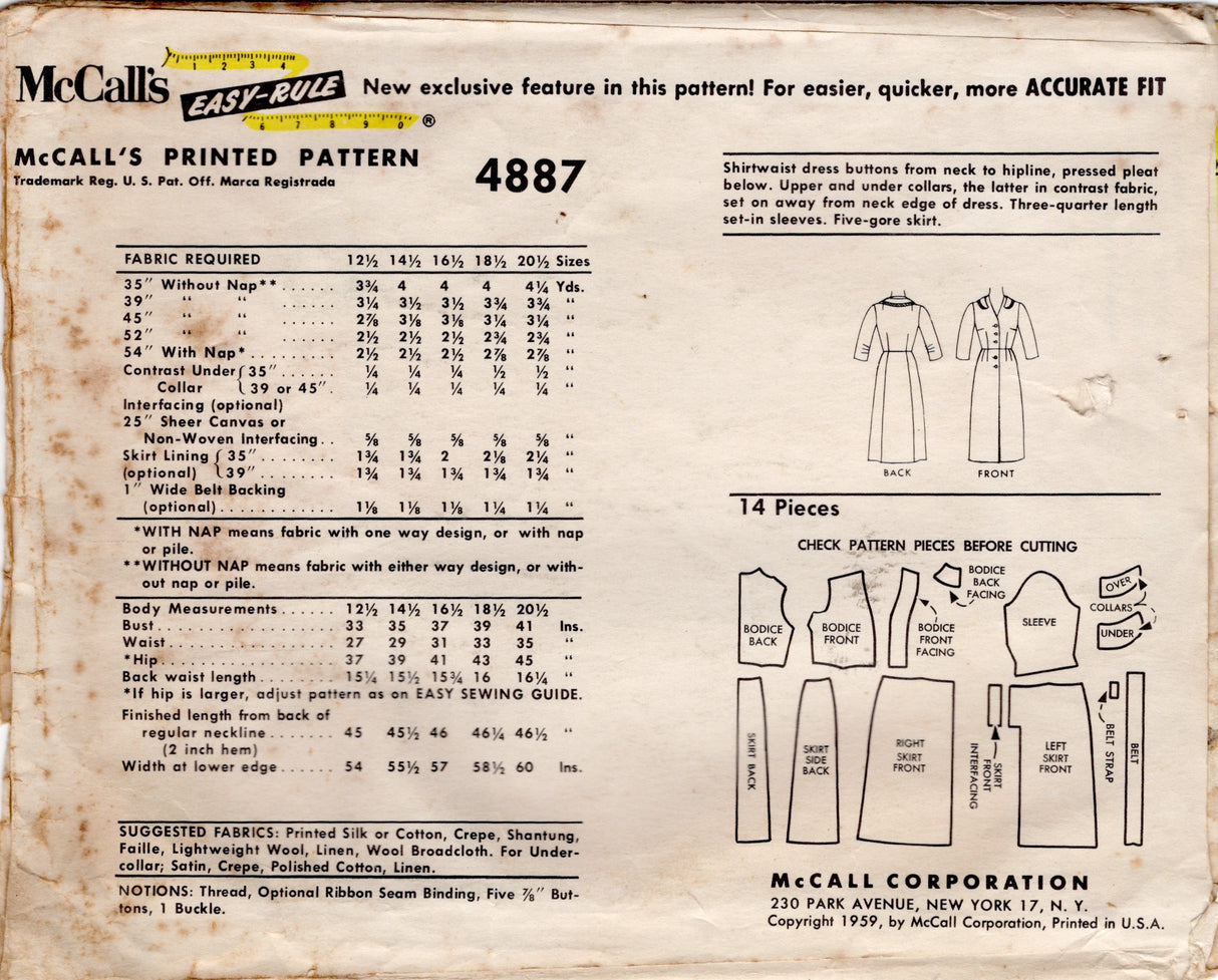 1950's McCall's Button Up Sheath Dress with Double Collar - Bust 35" - No. 4887