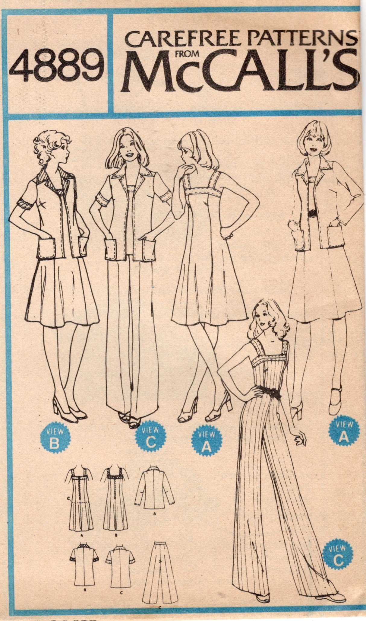 1970's McCall's Unlined Jacket, Princess Line Dress or Top and High Waisted Pants Pattern - Bust 32.5-34" - No. 4889