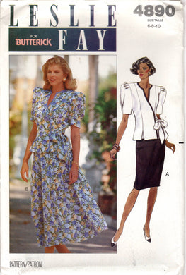 1990's Butterick with Leslie Fay Wrap Top with Puff Sleeve and Pencil or Flared Skirt Pattern- Bust 30.5-32.5