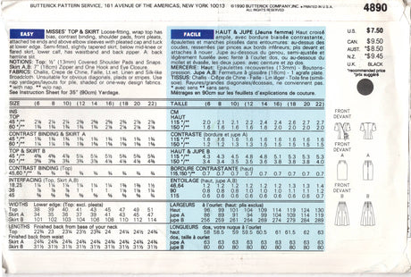 1990's Butterick with Leslie Fay Wrap Top with Puff Sleeve and Pencil or Flared Skirt Pattern- Bust 30.5-32.5" - No. 4890