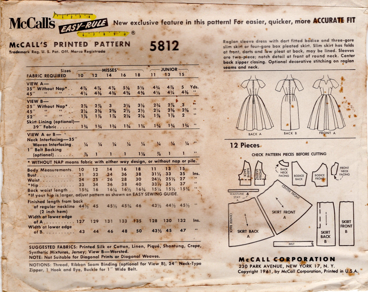 1960's McCall's One Piece Sheath or Fit and Flare Dress Pattern with Notched Neckline and Raglan Sleeves - Bust 31" - No. 5812