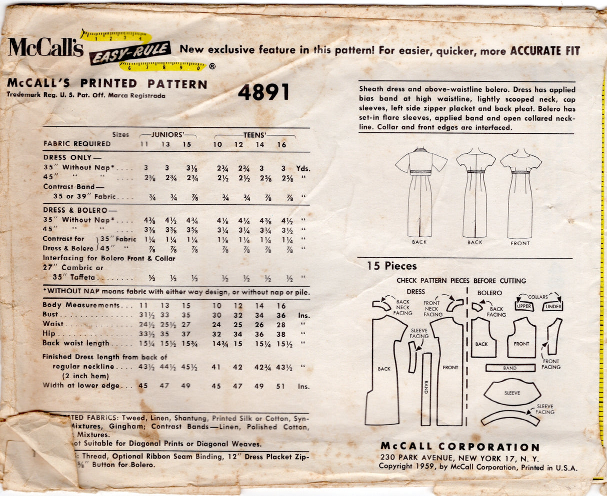 1950's McCall's One Piece Sheath Dress and Bolero Jacket Pattern with Bell Sleeves  - Bust 30" - No. 4891