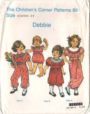 1980's Children's Corner Child's Smocked Romper and Jumpsuit Pattern - Size 12-18 month & 2-3 years  - No. 89