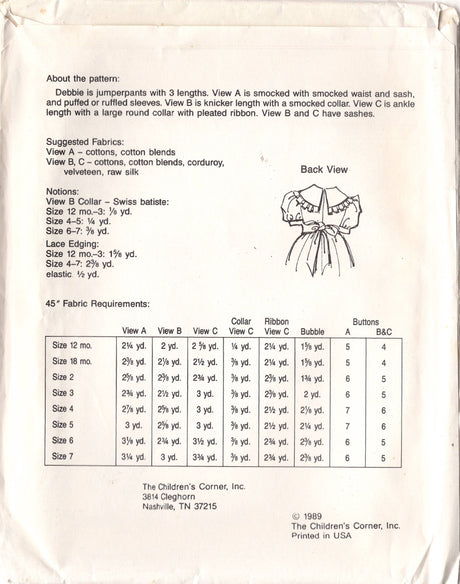 1980's Children's Corner Child's Smocked Romper and Jumpsuit Pattern - Size 12-18 month & 2-3 years  - No. 89