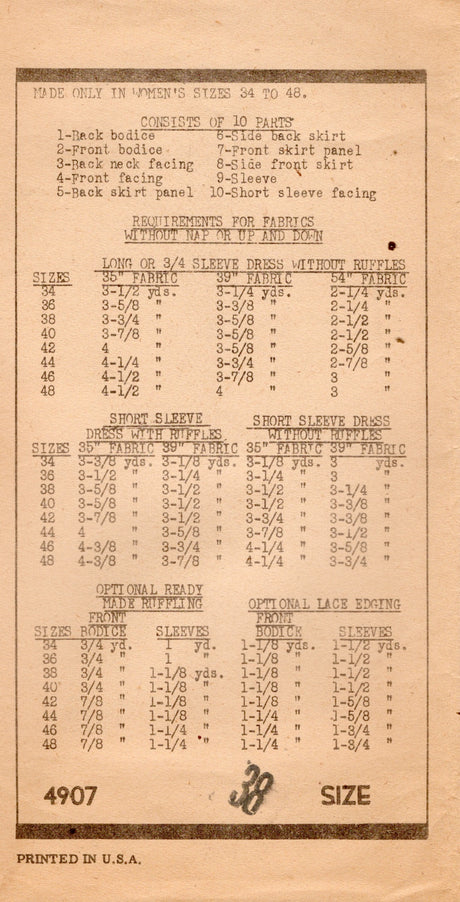 1940's Anne Adams Scalloped Off Center Button Bodice Shirtwaist Dress - Bust 38" - No. 4907