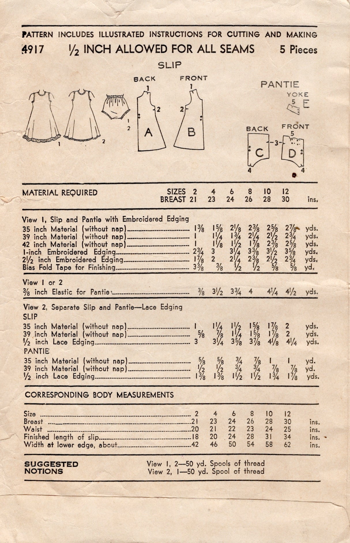1940's Advance Child's Slip and Panties Pattern - Chest 24" - No. 4917