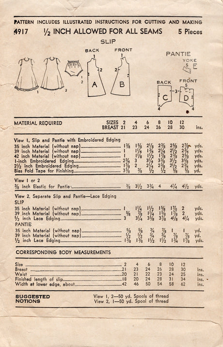 1940's Advance Child's Slip and Panties Pattern - Chest 24" - No. 4917