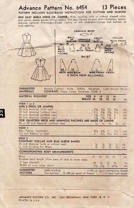 1950's Advance Child's Boat Neck Dress Pattern - Chest 26" - No. 6454
