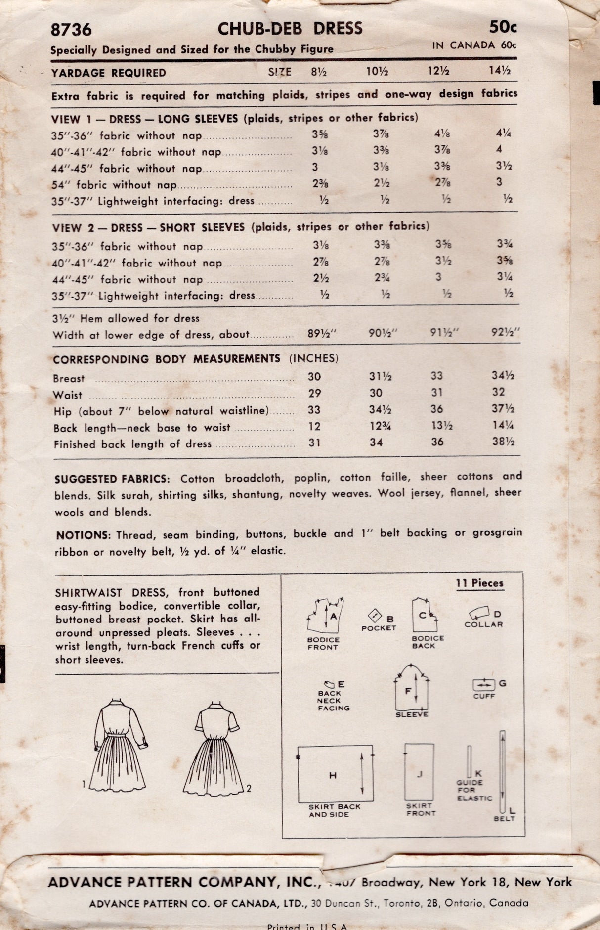 1950's Advance Child's Shirtwaist Dress Pattern - Chest 34.5" - No. 8736