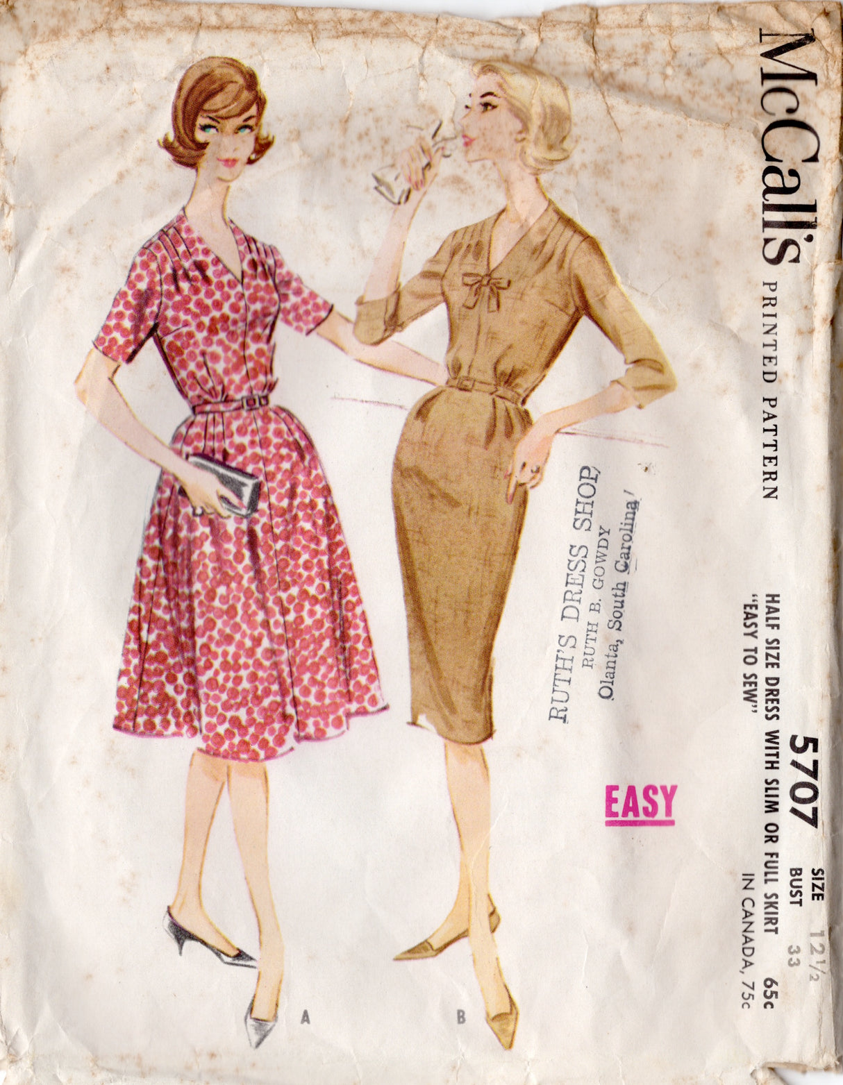 1960's McCall's One Piece Sheath or Fit and Flare Dress Pattern with Tucked Shoulder and Bow detail - Bust 33" - No. 5707