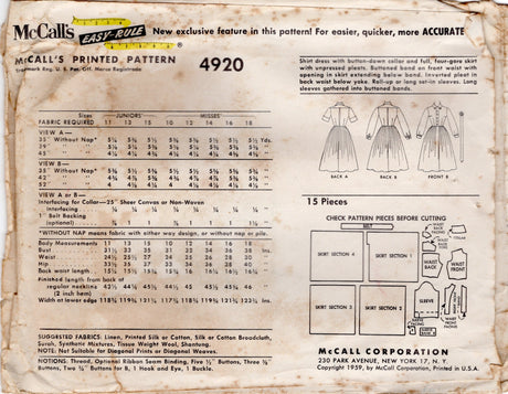 1960's McCall's One Piece Sheath or Fit and Flare Dress Pattern with Tucked Shoulder and Bow detail - Bust 33" - No. 5707