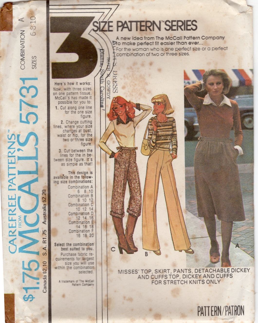 1970's McCall's Top with Round Neckline, Flared Skirt, Pants, and Detachable Dickey and Cuffs pattern - Bust 31.5-36