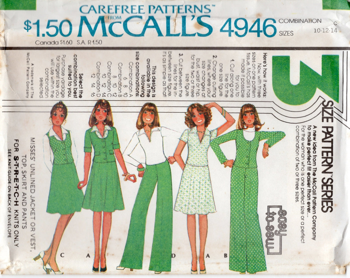 1970's McCall's Unlined Jacket, Pullover Blouse, Vest, A line Skirt or Wide Leg Pants - Bust 30.5-38" - No. 4946